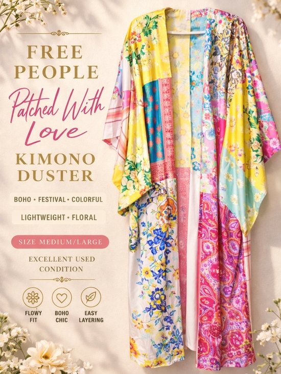 Free People Sweaters - Free People Patchwork Kimono Duster Boho Festival Colorful Floral M/L Romantic